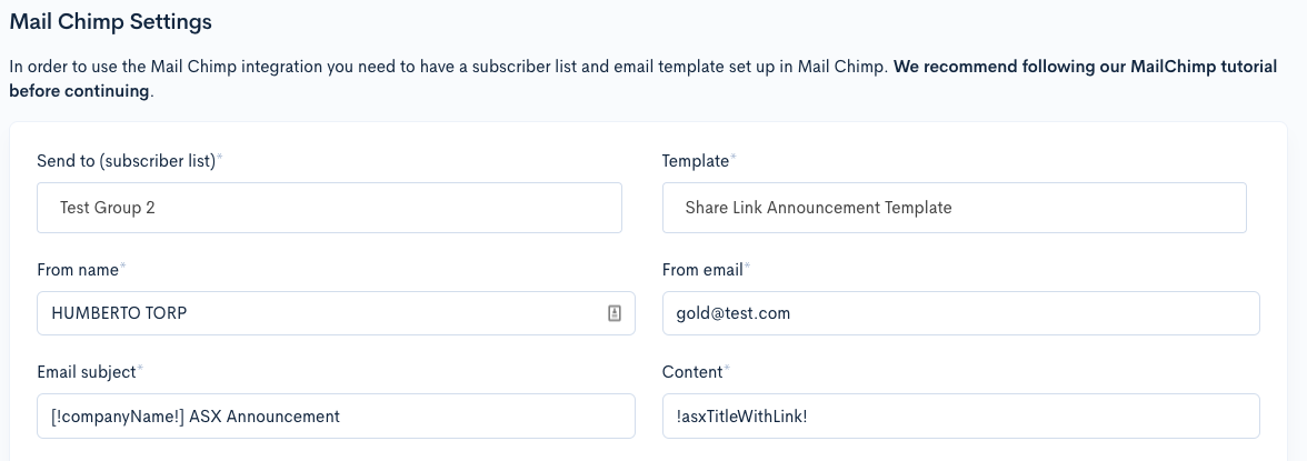 Share Link MailChimp API Settings